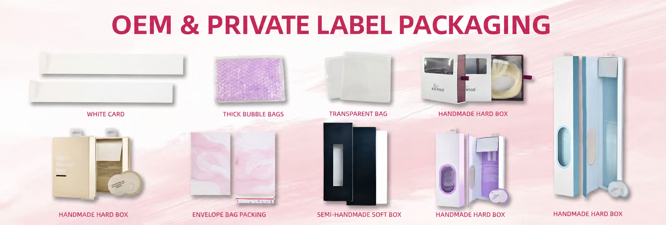 OEM private label hair packaging examples: cards, bags and presentation boxes